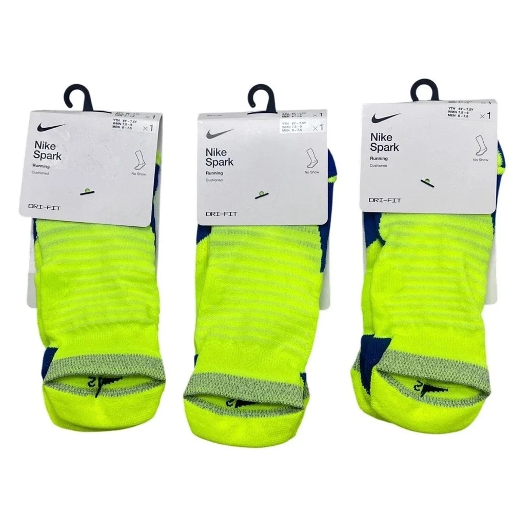 3 Nike Spark Running Cushioned No Show Socks Volt yellow Blue  M 6-7.5 W 7.5-9